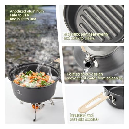 THTYBROS 17pcs Camping Cookware Kit, 0.45Gal Pot, 7inches Pan,0.30Gal Kettle Set with 2 Set Stainless Steel Cups Plates Forks Knives Spoons for Hiking - size: 15 PCS with Stove