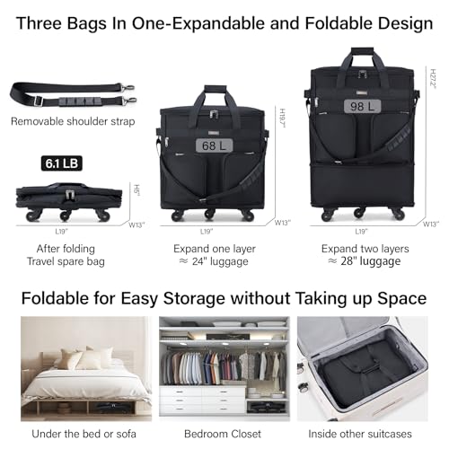 Hanke Expandable Collapsible Luggage with Wheels, Black Upgrade Version 2, 98L, Water-Resistant, 5 Spinner Wheels, 3 Pockets, Polyester, 19x13x27.2 inches, 6.1lb, Carry-On Luggage, Travel, Vacation - color: Black Upgrade Version 2