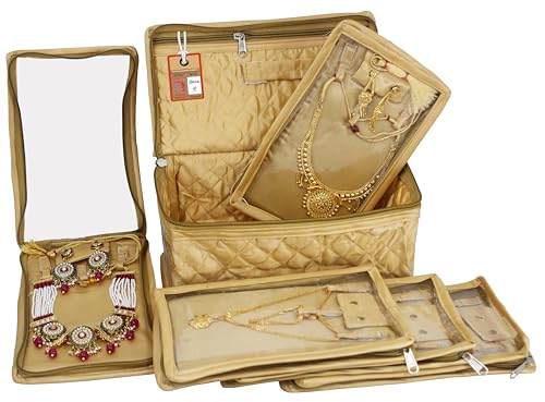 atorakushon Set of 5 Satin Makeup Pouches Cosmetic Necklace Earrings Vanity Jewellery Organizer For Women's (Golden) - color: Gold