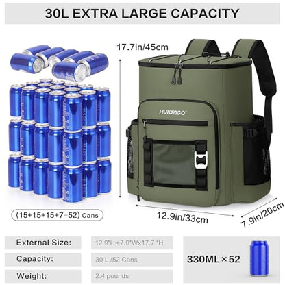 Hulongo Cooler Backpack, 30L Insulated Leakproof Soft Cooler Bag for 52 Cans, Lightweight Backpack for Beach, Picnic, Camping, Hiking, Fishing and Travel - color: Army Green