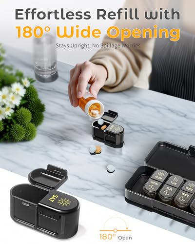 Pillex AM & PM Pill Organizer 7 Days, Weekly Pill Case 2 Times a Day, Pill Box 7 Day, Medicine Pill Organizer for Travel, Vitamins, Fish Oils, Supplements - color: Black
