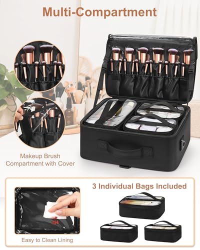 Relavel Large Makeup Bag with 3 Removable Pouches, Travel Train Case Cosmetic Organizer Carrying Box for Makeup Artists Hairstylist with Adjustable Dividers, Brush Holder and Shoulder Strap, Black - color: black with 3 clear bags, size: Large