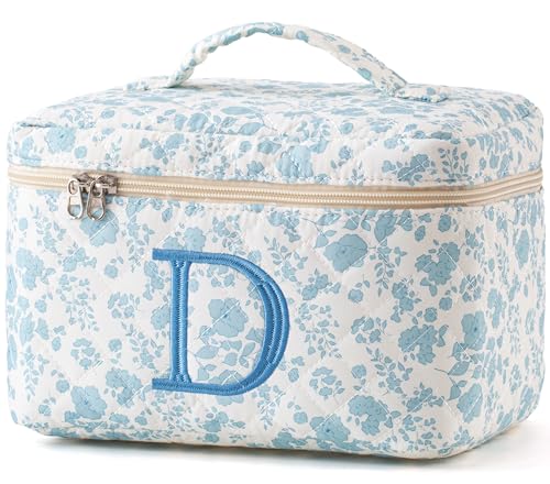 HBselect Initial Quilted Makeup Bag, Cotton Large Travel Makeup Bag, Cute Floral Coquette Make up Bag Cosmetic Bag Toiletry Bag for Women Girls D - color: 1Pc Large Blueflower, style: D