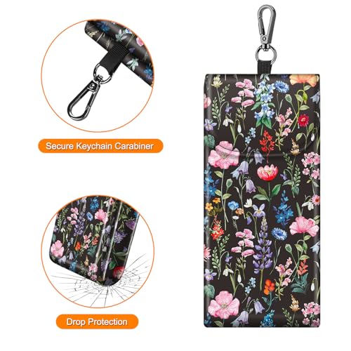 FINTIE Double Glasses Case with Carabiner Hook, Portable Vegan Leather Eyeglass Case Anti-scratch Sunglasses Pouch - color: Black Floral