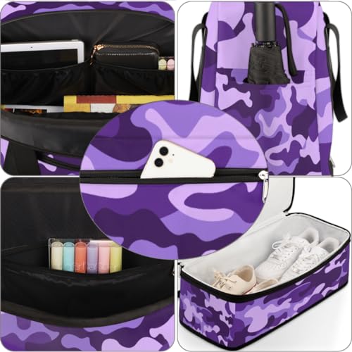 Travel Duffle Bags With Shoes Compartment for Women Men Purple Camouflage Camo Lightweigh Sports Tote Gym Bag Foldable Canvas Weekender Overnight Carry On Luggage Handle Bag - color: A05: Purple Camouflage Camo