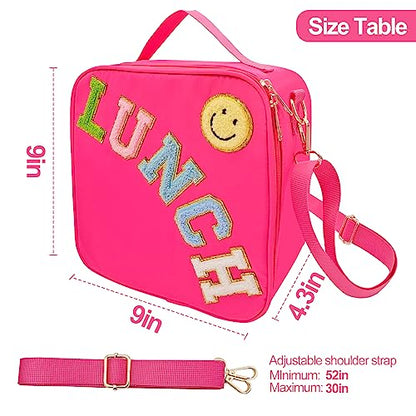 Insulated Lunch Bag With Adjustable Shoulder Strap, Nylon Preppy Lunch Box Large Insulated Lunch Bag Reusable Lunch Tote Bag with Smiley Preppy LunchBag for Girls School Travel Picnic (Rosy Red) - color: Rosy Red