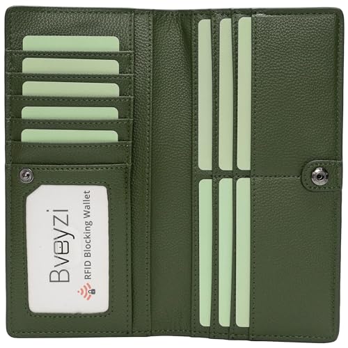 Bveyzi Ultra Slim Thin Leather RFID Blocking Credit Card Holder Bifold Clutch Wallets for Women - color: Olive Green