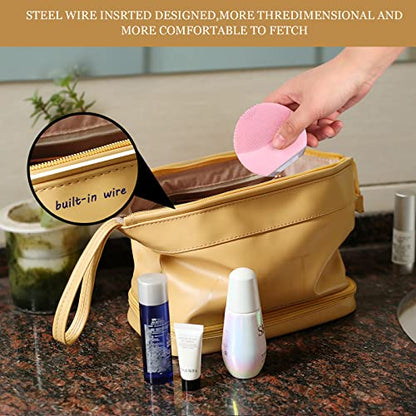 Abiudeng Large Capacity Makeup Bag Ladies Cosmetic Bag Travel Bag with Compartments Portable PU Leather Travel Makeup Bag with Handle - color: Yellow