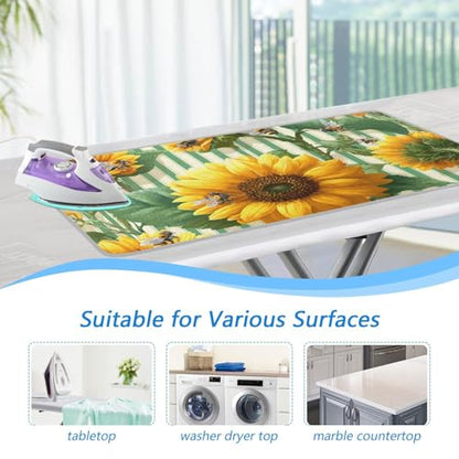 Green Striped Sunflowers and Bees Ironing Mat for Table top Portable Ironing Pad Blanket for Washer Dryer Countertop Travel - color: Green Striped Sunflowers and Bees
