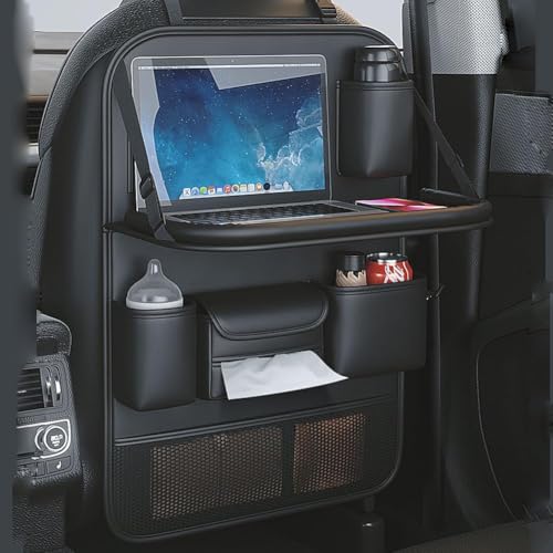 2 Pack Leather Car Backseat Organizer with Foldable Table Tray, Universal Car Seat Back Protector Kick Mat with Touchscreen Tablet Holder, Storage Pockets, Cup Holders & Tissue Holder, Black - color: Black