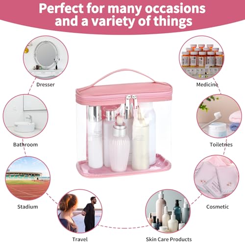 Heavy Duty Leak Proof Clear Travel Bags for Toiletries, Transparent Makeup Cosmetic Bag with Zipper and Handle (Large, 1PCS Pink) - color: 1PCS Pink