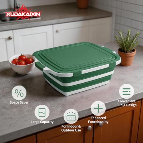 XUDAKAIXIN Collapsible BBQ Prep Tub for Meal Prep, Marinating,Food Storage, picnics, camping, barbecues,cutting fruits and vegetables - Includes Cutting Board and Locking Lid,(X-Large) Green - color: (X-large)green