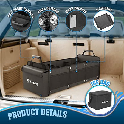K KNODEL Extra Large Trunk Organizer With Cooler Bag, 3 Compartments Car Organizer, Heavy Duty SUV Trunk Organizer with 2 Adjustable Securing Straps (4-in-1, Black)