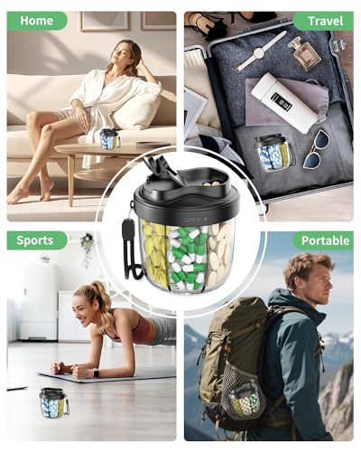 Pill Organizer,Pill Dispenser with 7 Large Compartments,Portable Pill Box for Travel Essentials,Anti-Mix Design & Wide Opening Design,Easy Access to Vitamin Dispenser,Includes 20 Blank Stickers（Black） - color: Dark Black
