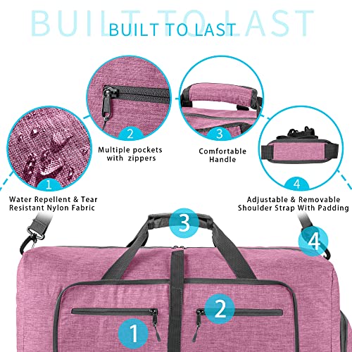 Vomgomfom 65L/85L/115L Foldable Travel Duffle Bag, Lightweight Checked Luggage with Shoe Compartment, Water-Resistant Weekender Overnight Bag for Men & Women - color: J Light Purple, size: 65L