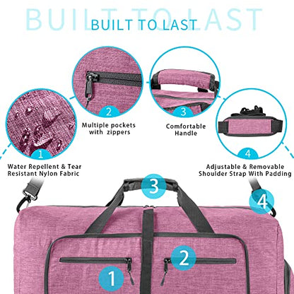 Vomgomfom 65L/85L/115L Foldable Travel Duffle Bag, Lightweight Checked Luggage with Shoe Compartment, Water-Resistant Weekender Overnight Bag for Men & Women - color: J Light Purple, size: 65L
