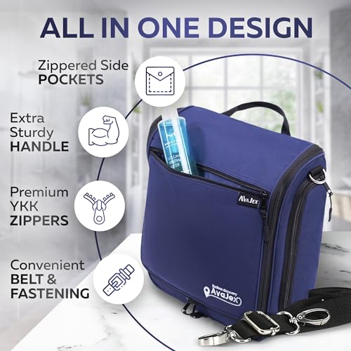 Extra Large (11.8”x11.8”x4”) Hanging Travel Toiletry Bag for Men and Women - Cosmetic Travel Bag With Shoulder Strap - Waterproof Hygiene Bag with Metal Swivel Hook and 19 Compartments for Toiletries - color: XXL Navy Blue