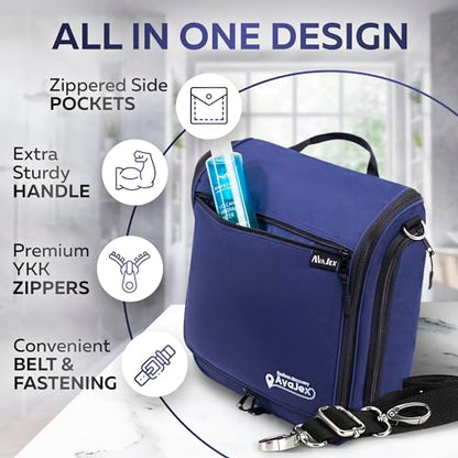 Extra Large (11.8”x11.8”x4”) Hanging Travel Toiletry Bag for Men and Women - Cosmetic Travel Bag With Shoulder Strap - Waterproof Hygiene Bag with Metal Swivel Hook and 19 Compartments for Toiletries - color: XXL Navy Blue
