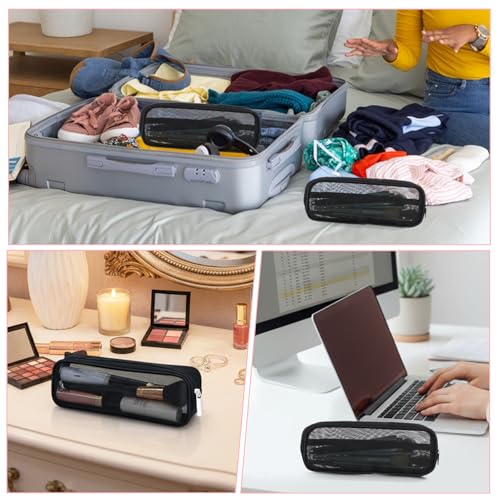 2PCS Mesh Makeup Brush Bag with Zipper, 9x3.5x0.79in Nylon Clear Travel Toiletry Bag Portable Cosmetics Organizer Travel Makeup Brush Pouch Storage Bags