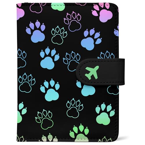 Passport Holder, Travel Wallet Cover with Pen Loop | Cute RFID Blocking Leather Case with Magnetic Closure for Travel Essentials-Pawprint - color: F-Pawprint