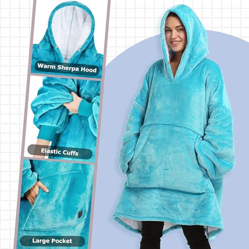 Catalonia Oversized Blanket Hoodie Sweatshirt, Wearable Sherpa Blanket Pullover, Gift for Her - color: Turquoise