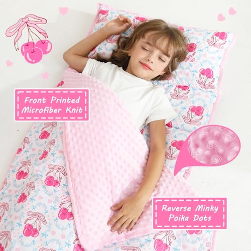Lasoftan Toddler Nap Mat with Pillow and Blanket, Extra Large Rolled Napping Mats,Slumber Bags for Boys Girls,Kids Sleeping Bag for Daycare, Preschool Travel Camping - color: Bow Cherry