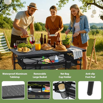 Nice C Portable Folding Camping Table, Aluminum Lightweight Roll-up Top Indoor&Outdoor Collapsible Table, with Mesh Net, Cup Holder, Carry Bag, Steel Frame, for Camping, Sports, BBQ, Picnic (Black)