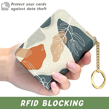 Aiawoxc Credit Card Holder, Small RFID Wallet Slim Leather Card Organizer Case with Zipper and Keychain, Abstract Boho Leaves - color: B-Desert Leaf, size: Keychain