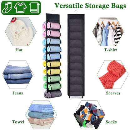 2 Pack Legging Storage Organizer, Hanging Legging Storage Hanger with 20 Roll Compartments, Foldable Clothes Roll Holder for Yoga T-Shirts Pants Jeans Towels