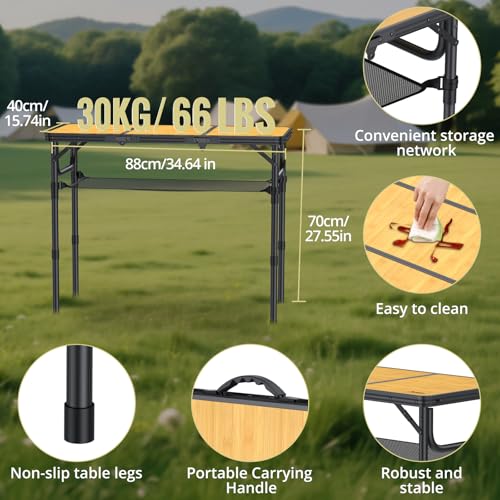 Anbte 3ft Camping Table Foldable with Storage Net and Bag, 3 Adjustable Heights High 27.5" Aluminum Camping Table Portable, for Outdoor Indoor Backyard BBQ Cooking Party Picnic Beach, Light Oak Grain - color: Light Oak Grain