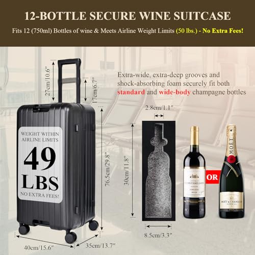 12-Bottle Wine Suitcase for Airplanes | TSA-Approved Checked Luggage | Durable PC Hard Shell & Shockproof Foam | Maximum Protection Travel Case for Airline Transport