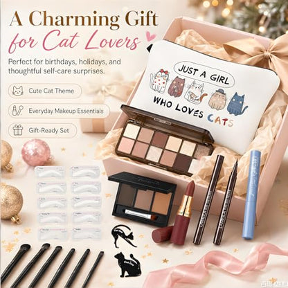 Basic Eye Makeup Kit for Women, 90s Neutral Eyeshadow, Brow Powder, Brow Stencils, Cat Eyeliner Guides, Taupe Matte Lipstick, Cat Lover Cosmetic Bag & etc. - Perfect Makeup Gift Set for Girls & Teens. - color: 10-Cat Lover