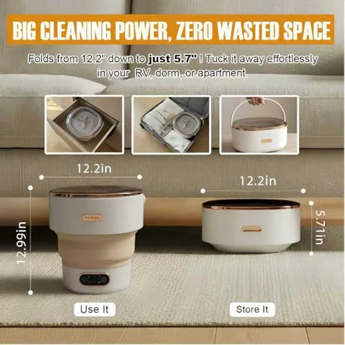 Portable Foldable Washing Machine, 13L Mini Washer with Spin Basket | For Socks, Underwear & Baby Clothes | Compact for Apartment, Dorm, Travel | Khaki