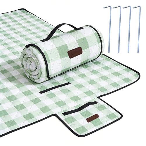 HX&OD Outdoor Picnic Blanket, Extra Large, 80''x60'' Waterproof Foldable Blankets Gingham Picnic Mat for Beach, Camping Grass Lawn Park Accessories Cute Couple Ideas Wedding (Green, 80”x60”) - color: Green, size: 5' x 6'8" (Square)