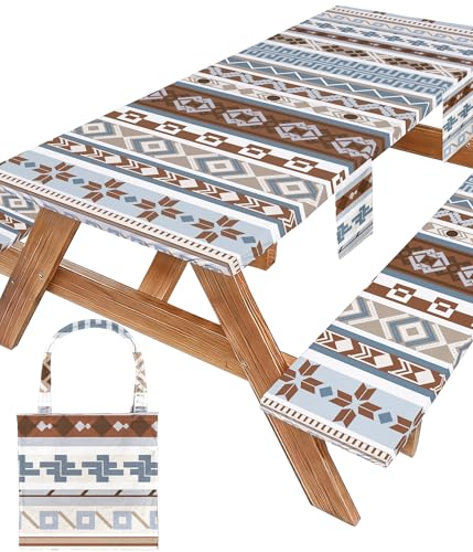 Fitted Picnic Table Cover with Bench Covers Fitted Rectangle Table Cloth Tablecloth Camping Gear Essentials Rv Accessories Road Trip Supplies Car Travel Must Have 6 Ft Foot Feet 72in Boho Bohemian - color: Blue Brown Boho, size: 72in