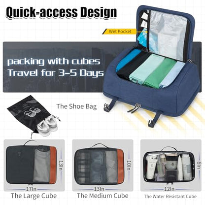 42L Travel Backpack with 4 Packing Cubes, TSA Friendly Flight Approved Carry-On Bag with USB Charging Port, Water-Resistant Weekender Business Backpack for Men Women, Fits 17.3" Laptop(Blue) - color: Blue