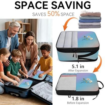 Custom 6 Set Compression Packing Cubes for Travel, Personalized Lightweight Luggage Organizer Bags with Birth Flower, Expandable Large Expandable Packing Organizer, Light Blue - color: Blue Pinks Purple