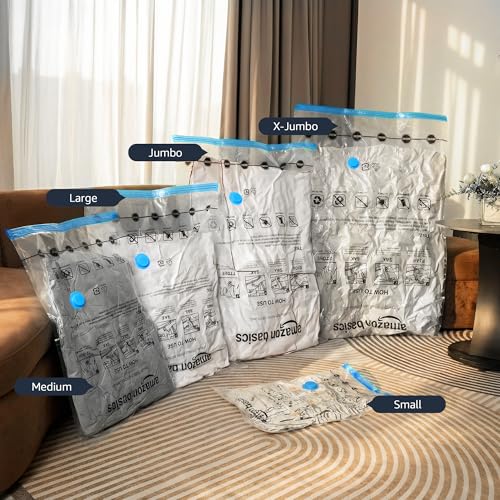 Amazon Basics Vacuum Storage Bags for Clothes, Space Saving Compression Storage Bags with Hand Pump, Heavy Duty, Stackable, Jumbo Size, Clear, 6-Pack - size: Jumbo