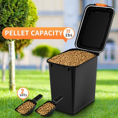 Maxdot 2 Sets 22lb Dry Pellet Storage Bin Pack with Scoops and Labels Grill Accessories Wood Pellet Storage Containers with Flavor Stickers Airtight for Grill Pellets - size: 20 L