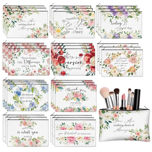 30 Pcs Inspirational Makeup Bag Bulk for Women Flower Motivational Canvas Zipper Makeup Bags Reusable Cosmetic Pouch for Spring Mother Day Appreciation Gifts - style: Inspirational