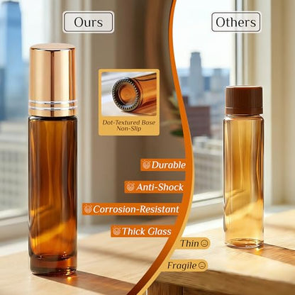 PrettyCare 24 Pack, 10 ml Essential Oil Roller Bottles with Stainless Steel Roller Ball - Refillable Leak-proof Empty Thick Amber Glass Roll on Bottles with Metal Caps for Travel, Perfume - color: Amber with Golden Cap, size: 24 Pack