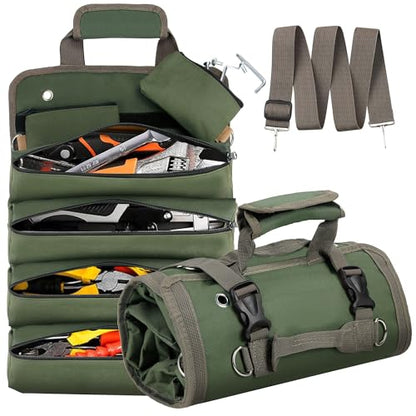 Roll Up Tool Bag, Heavy Duty Roll Up Tool Bag Organizer, Motorcycle Tool Roll Bag Organizer, Foldable Portable Tool Bags, Men's Gift Suitable for Mechanics Welding Electricians (Green)