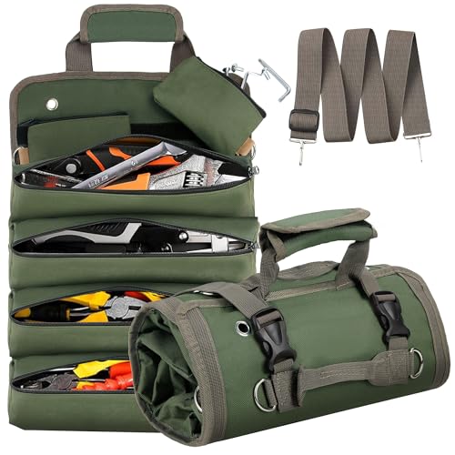 Roll Up Tool Bag, Heavy Duty Roll Up Tool Bag Organizer, Motorcycle Tool Roll Bag Organizer, Foldable Portable Tool Bags, Men's Gift Suitable for Mechanics Welding Electricians (Green)