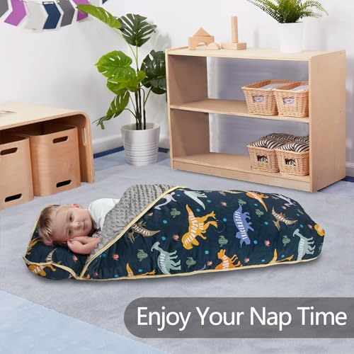 Primlect Thickened Toddler Nap Mat with Removable Pillow and Minky Blanket, Extra Large 55''x35'' Sleeping Bag, Washable, Roll up, Perfect for Daycare, Preschool, Kindergarten, Boys and Girls Dinosaur - color: Dinosaur Upgraded