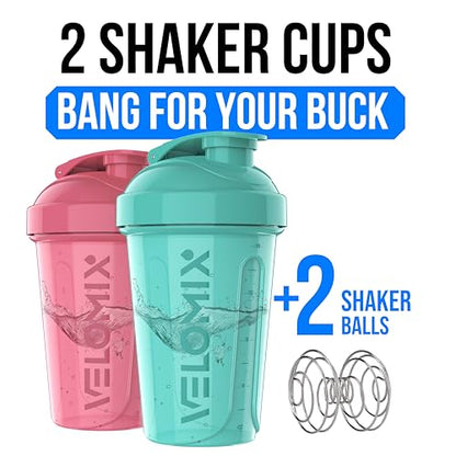 VELOMIX -2 Pack- 20 oz Protein Shaker Bottles for Protein Mixes - 2x Wire Whisk | Leak Proof Shaker Cups for Protein Shakes and Pre Workout | Protein Shaker Bottle Pack (A4) Pink/Turquoise - color: A4) Pink / Turquoise