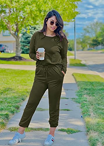 PRETTYGARDEN Women Fall 2 Piece Lounge Outfit Long Sleeve Tops High Waisted Jogger Pants Set Spring Travel Clothes Tracksuit - color: Army Green, size: Small