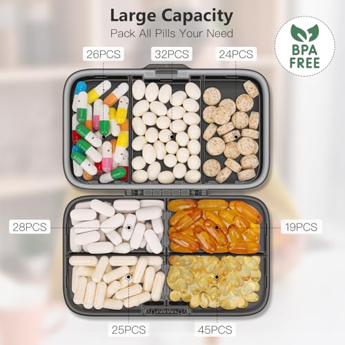 FYY Weekly Pill Organizer with Labels,8 Compartments Travel Daily Pill Case Airtight Moistureproof Large Pill Box to Hold Vitamins, Fish Oil, Supplements,Cotton Swab and Bandages-Black - color: Black