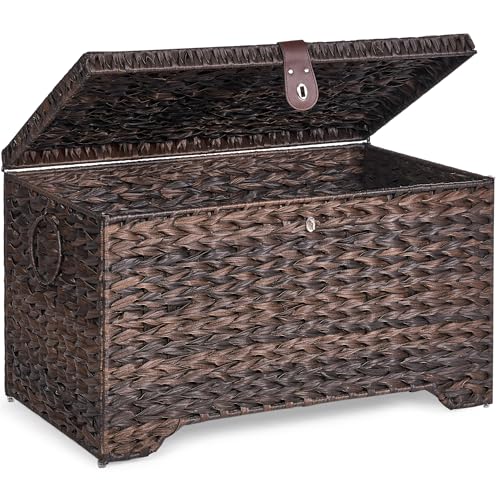Honjourai Handwoven Storage Basket with Lid, 165L Plastic Rattan Storage Bin, Leather Buckle & Metal Frame, Large Metal Ring Handles, Storage Trunk for Bedroom, Laundry Room - color: Brown PE Rattan, size: 165L-Flat Lid
