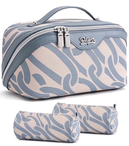 BOYATU Travel Makeup Bag for Women: Large Capacity 3-Piece Cosmetic & Toiletry Organizer - Expands Storage by 50% with 2 Detachable Pouches,Opens Flat for Easy Packing,Waterproof PU Leather(Blue) - color: A-1-Blue