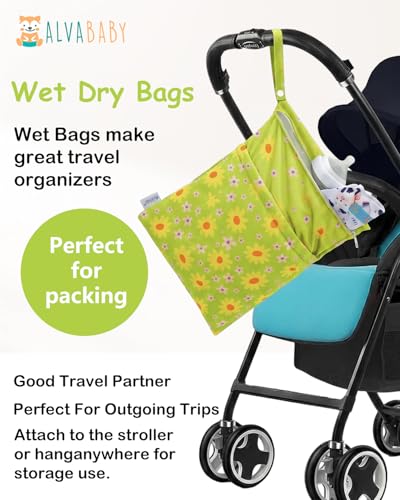 ALVA ALVABABY 3pcs Medium Cloth Diaper Wet Dry Bags Waterproof Reusable with Two Zippered Pockets Travel Beach Pool Daycare Soiled Baby Items Yoga Gym Bag for Swimsuits or Wet Clothes 3L-ZM46 - color: Sunny Daisy Party Series